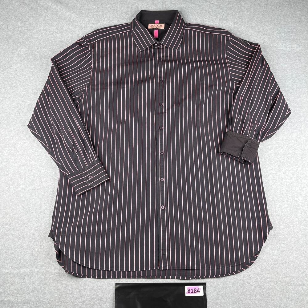 Thomas Pink Shirt 18 Black Pink Striped Flip Cuff Button Up Long Sleeve Mens